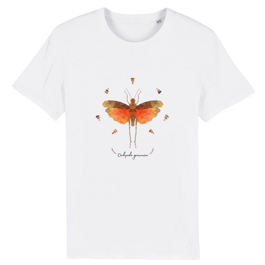 T-shirt homme coton bio | Graphisme insecte criquet Oedipoda germanica | Blanc