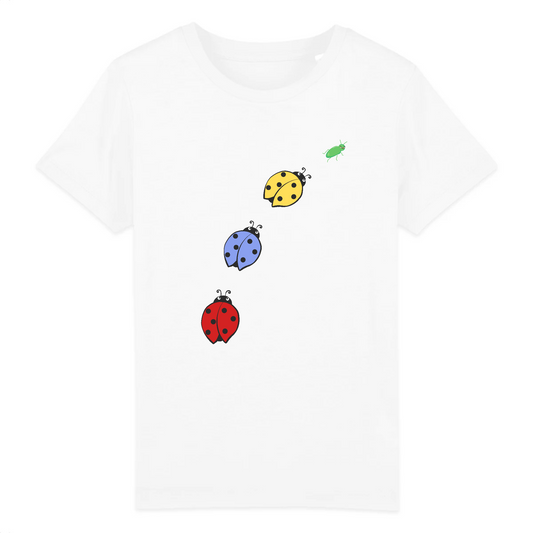 T-shirt enfant coton bio | Graphisme poursuite puceron coccinelles | Blanc