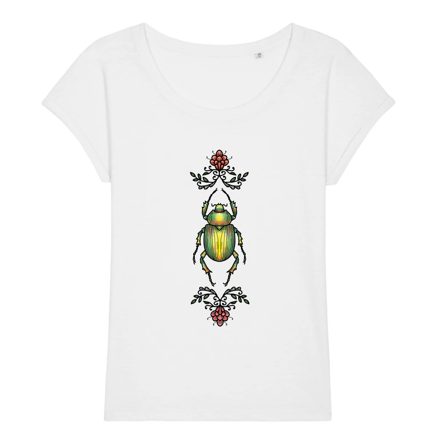 T-shirt femme coton bio motif nature scarabée et fleurs