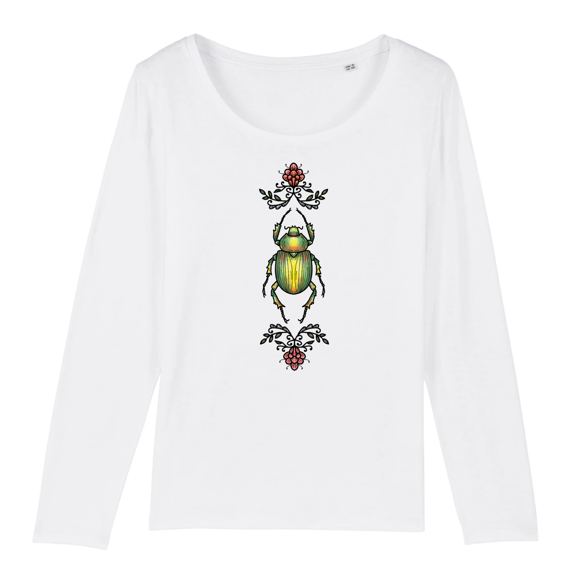 T-shirt femme manches longues coton bio motif nature scarabée et fleurs