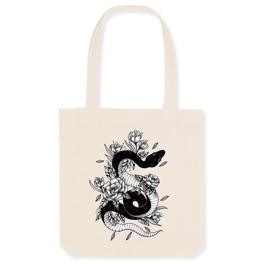 Sac Totebag coton bio | graphisme serpent et fleur noir et blanc
