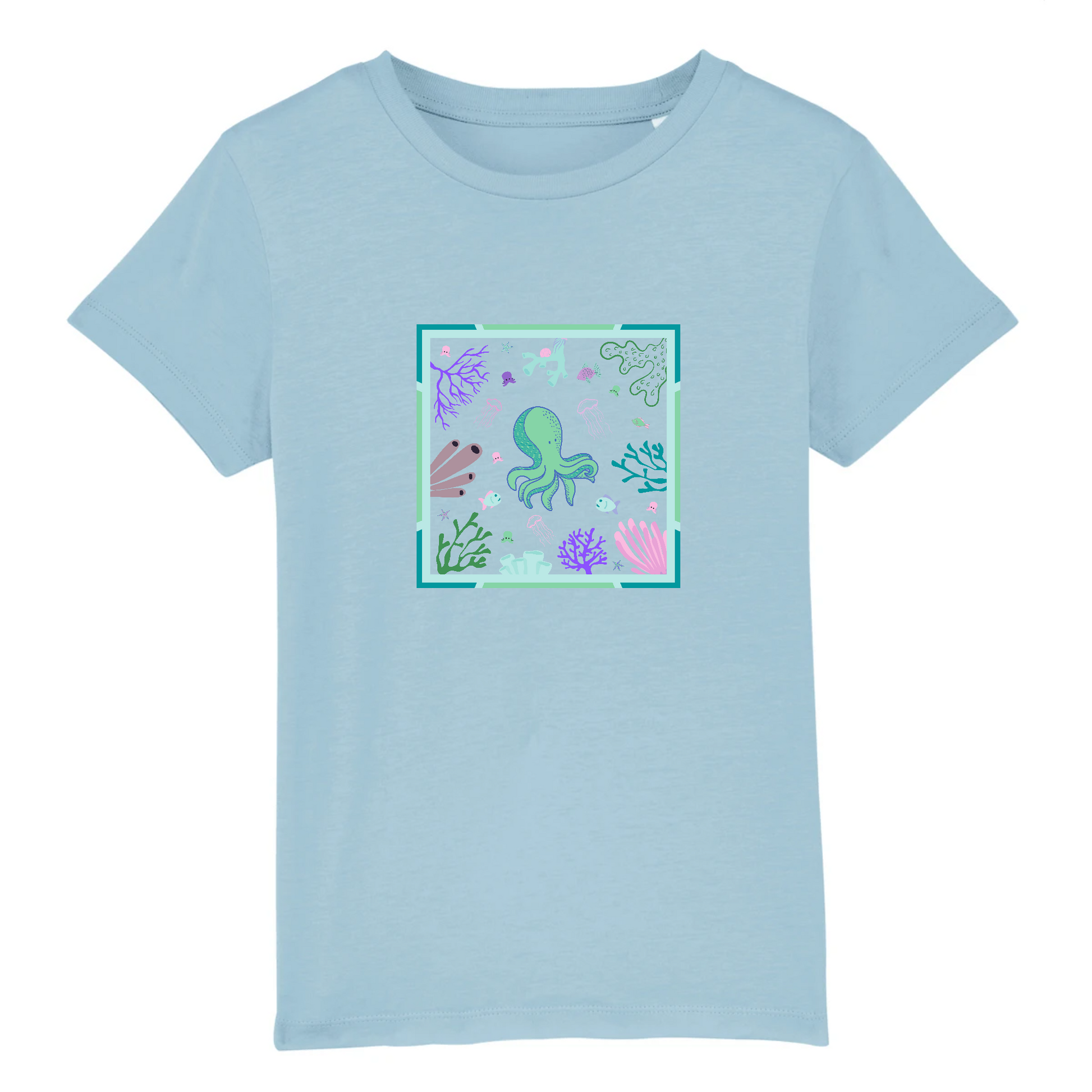 T-shirt enfant coton bio | Graphisme coraux et petite pieuvre | Bleu