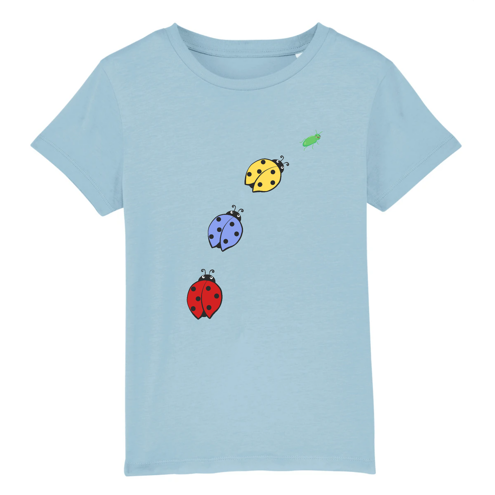 T-shirt enfant coton bio | Graphisme poursuite puceron coccinelles | Bleu clair