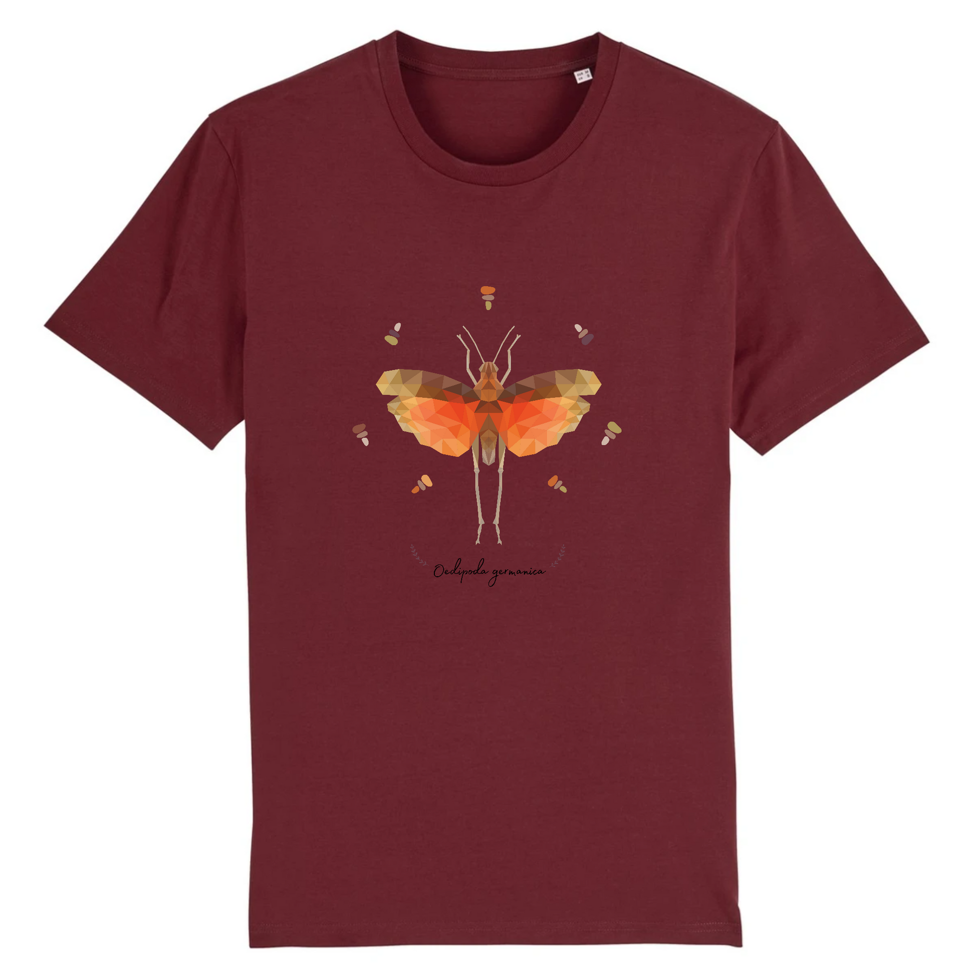 T-shirt homme coton bio | Graphisme insecte criquet Oedipoda germanica | Bordeaux
