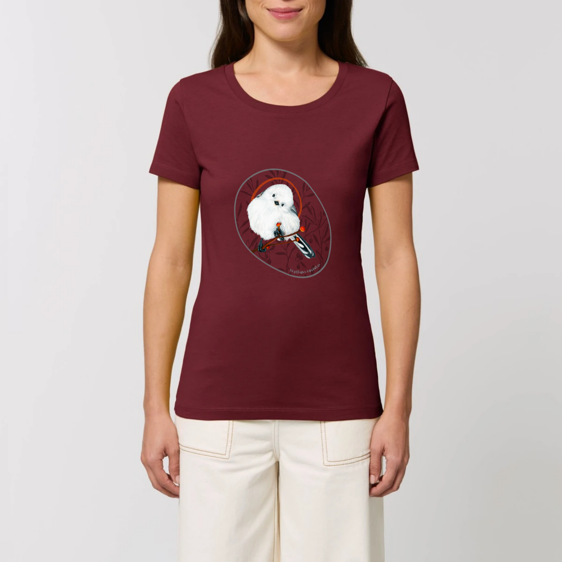 T-shirt coton bio femme | graphisme oiseau mésange à longue queue | Bordeaux