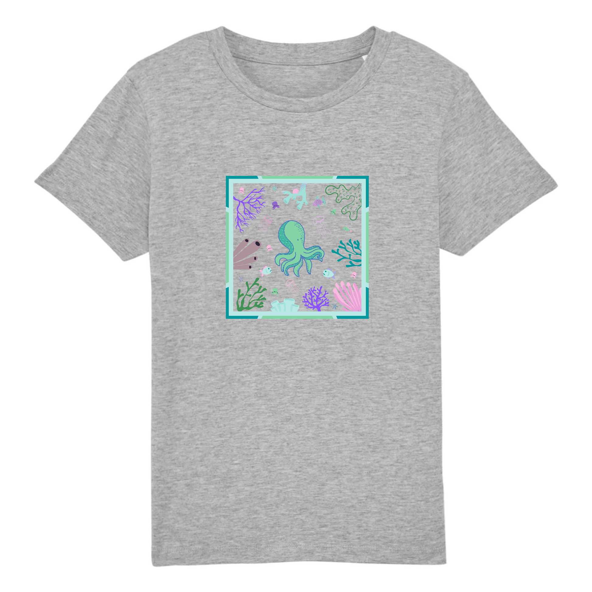 T-shirt enfant coton bio | Graphisme coraux et petite pieuvre | Gris