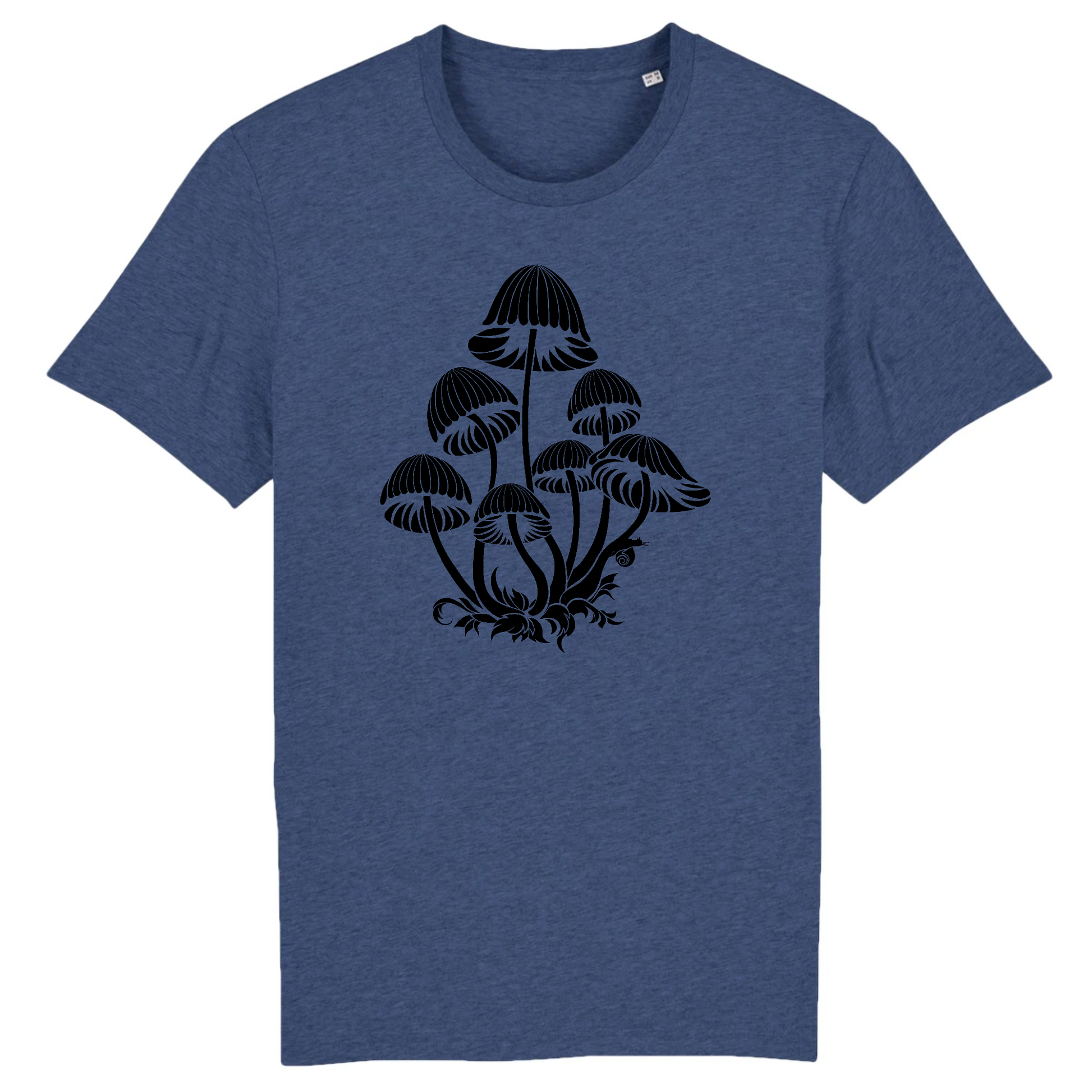 T-shirt homme coton bio | Graphisme champignons et escargot arpenteur | Indigo