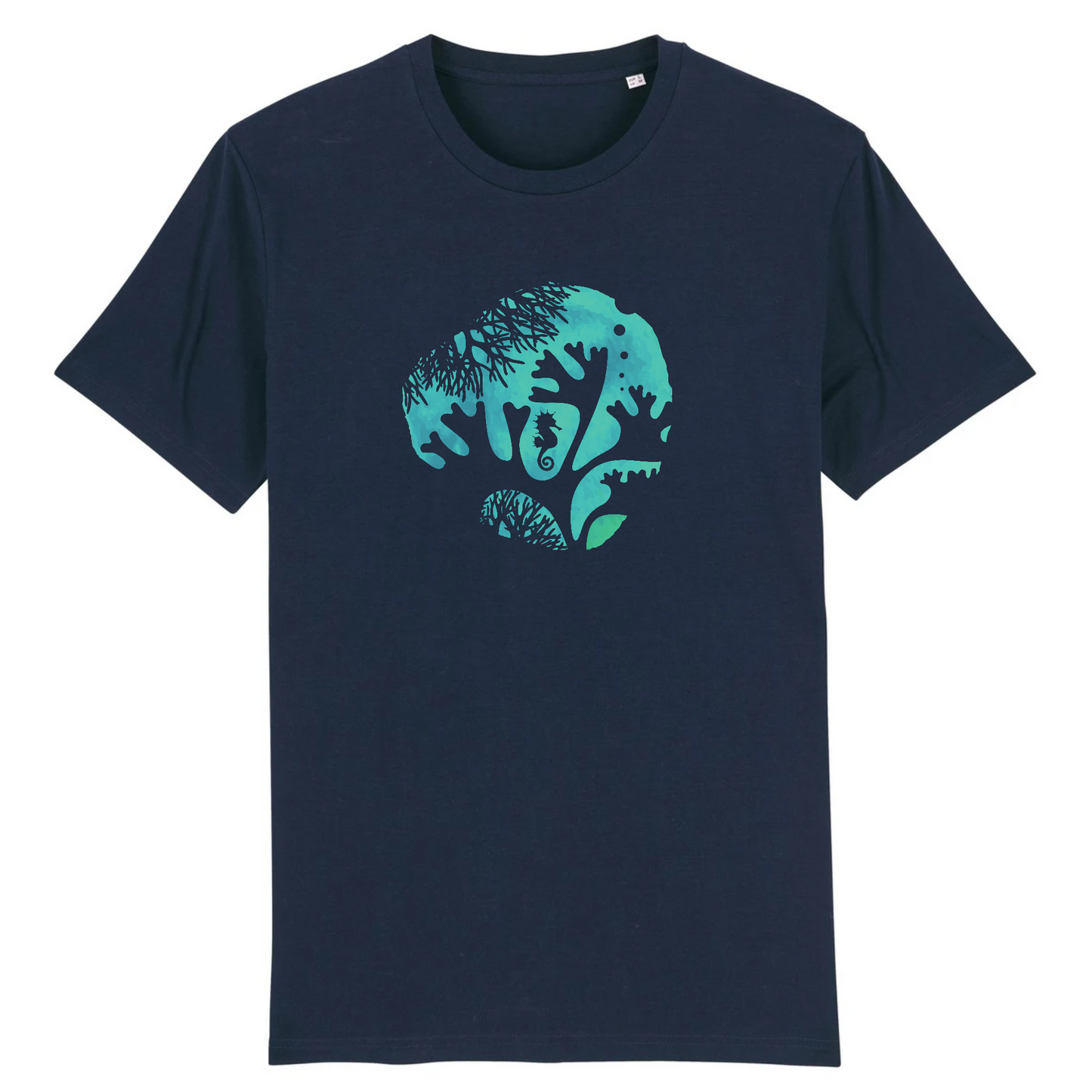 T-shirt homme coton bio | Graphisme sous-marin hippocampe | Bleu marine
