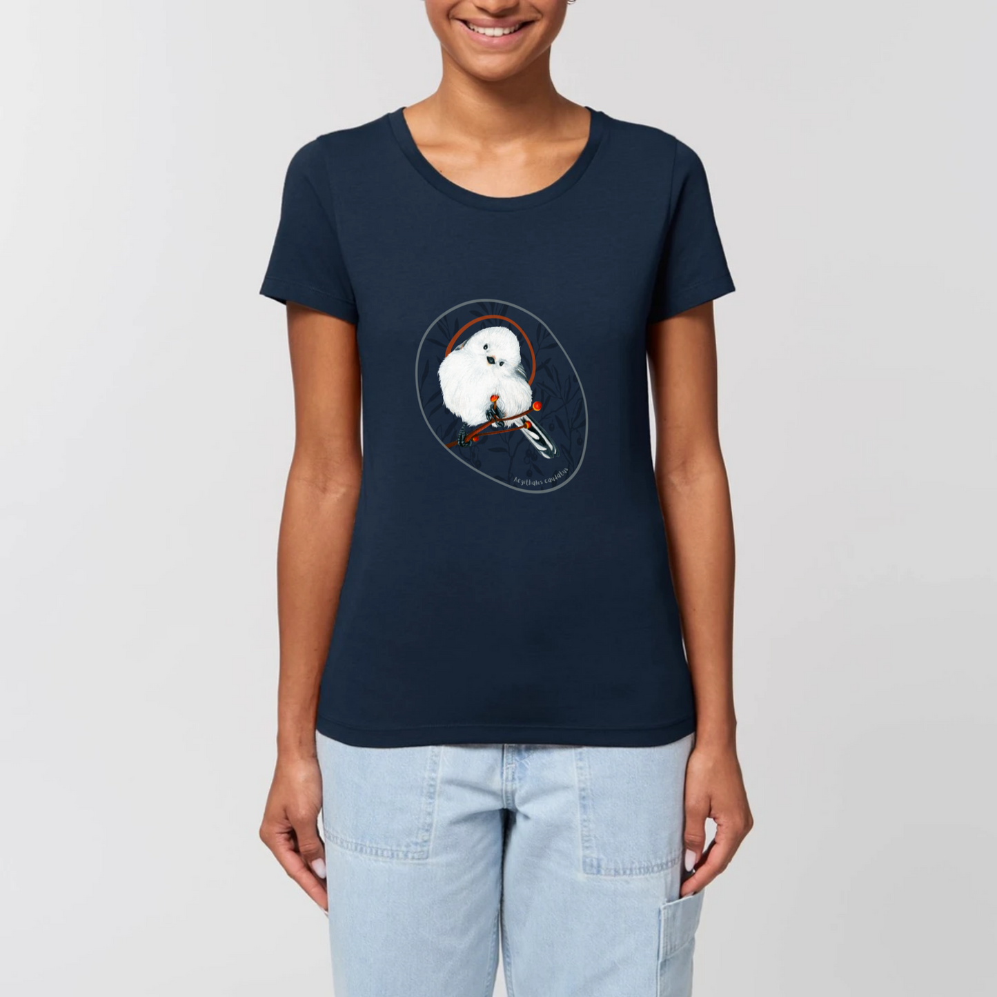 T-shirt coton bio femme | graphisme oiseau mésange à longue queue | Marine