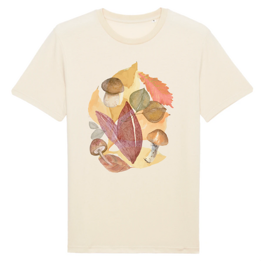 T-shirt homme coton bio | Graphisme champignons et feuilles d'automne | Naturel