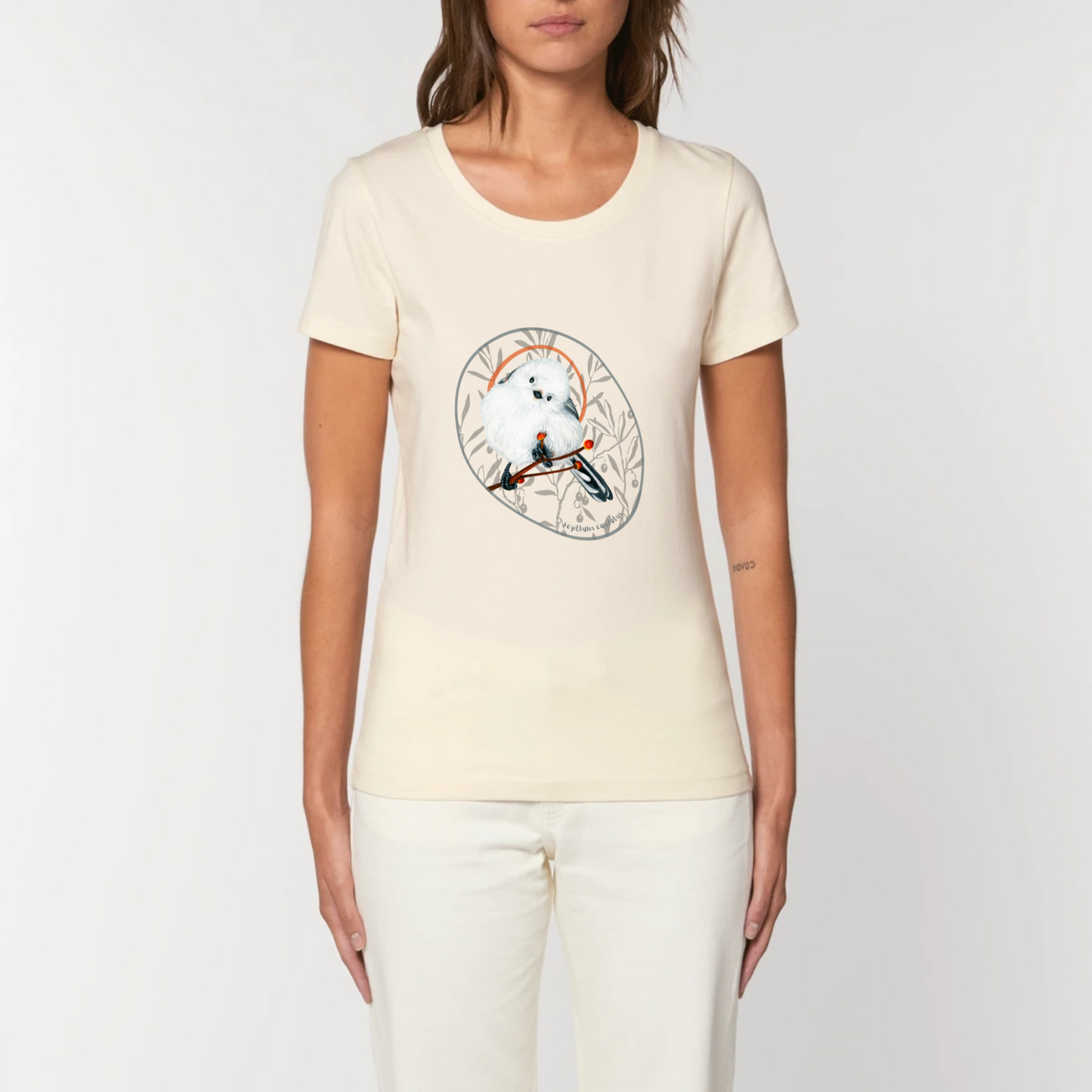 T-shirt coton bio femme | graphisme oiseau mésange à longue queue | Naturel