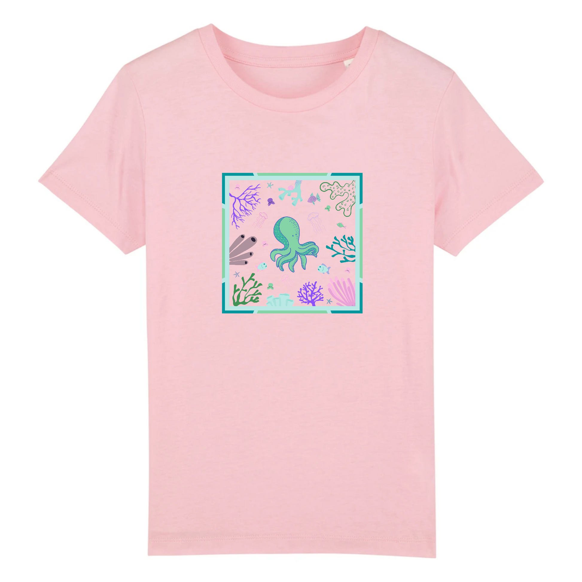 T-shirt enfant coton bio | Graphisme coraux et petite pieuvre | Rose