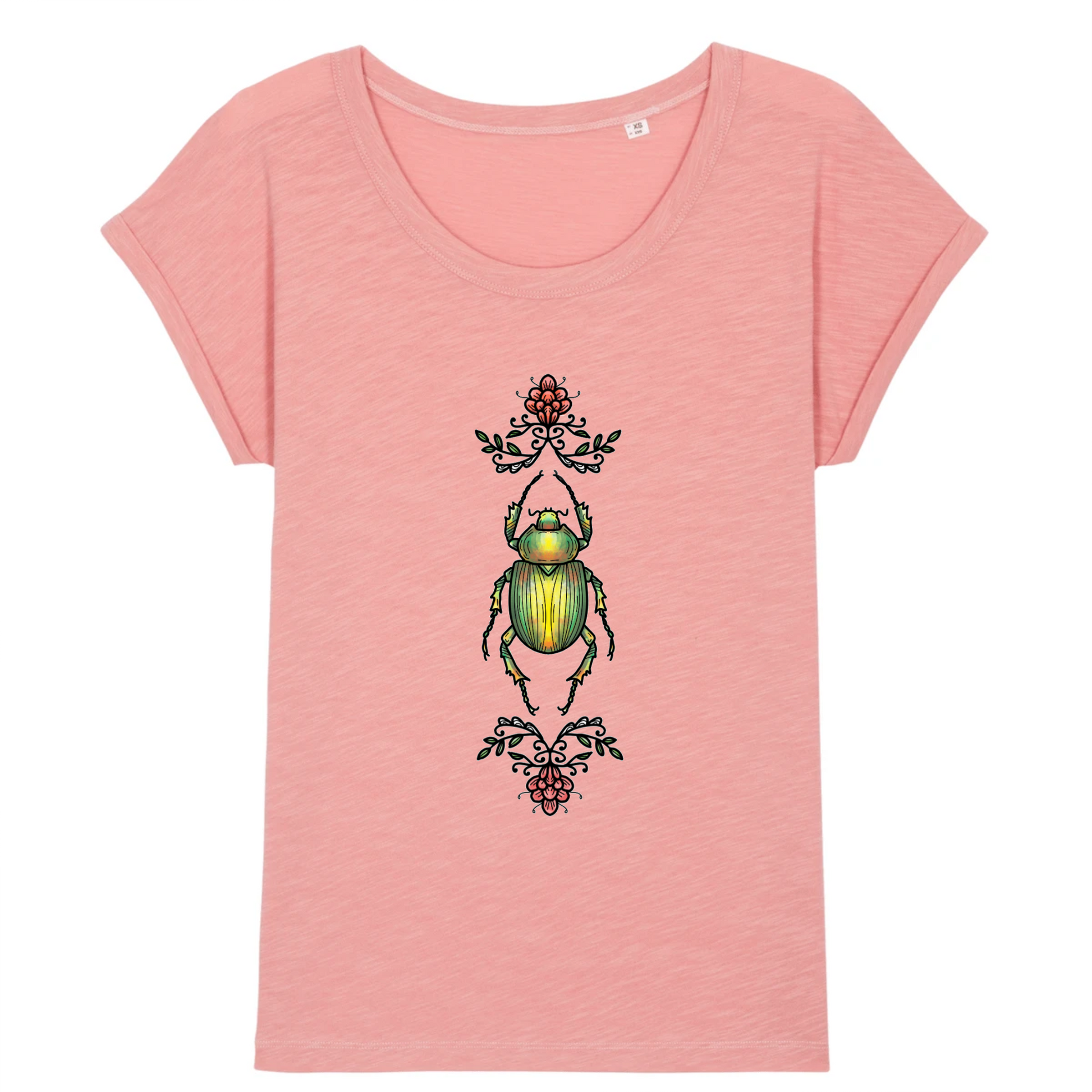 T-shirt femme coton bio motif nature scarabée et fleurs